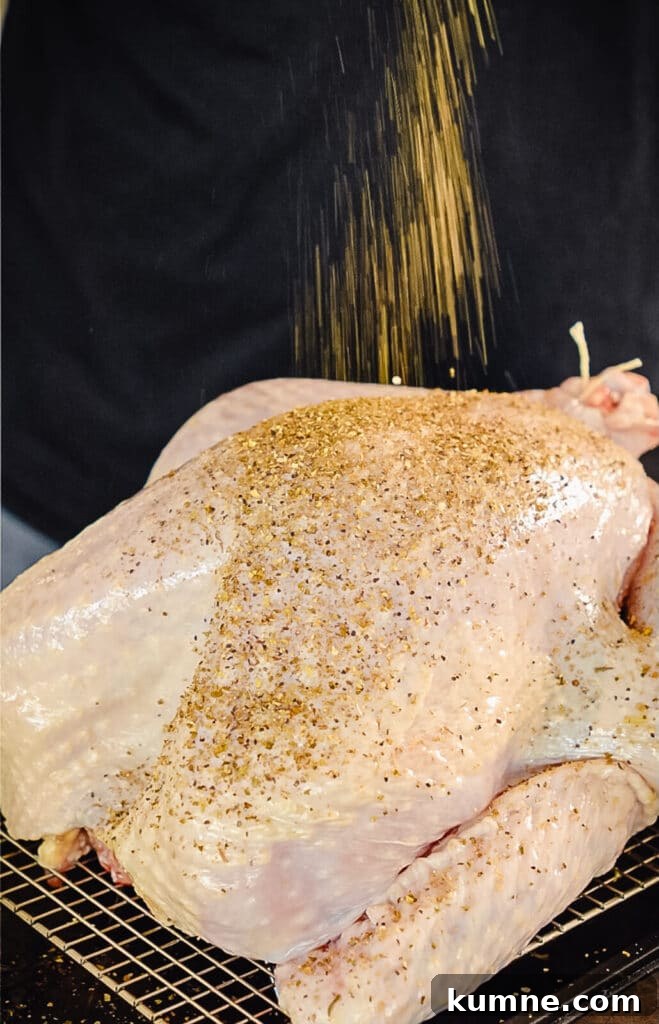 turkey seasoning blend being sprinkled over a whole uncooked turkey
