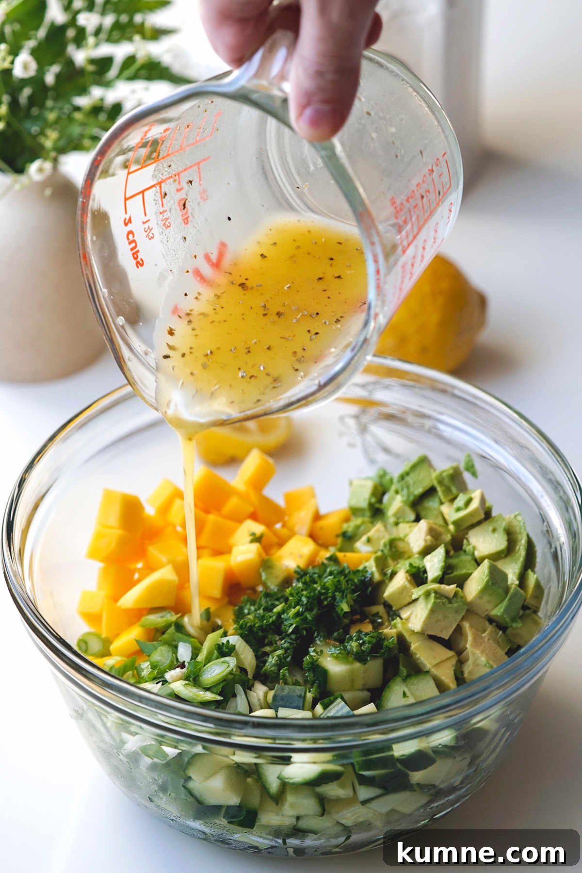 Cucumber, Mango & Avocado Salad with Lime Dressing 5 Pouring dressing over salad.