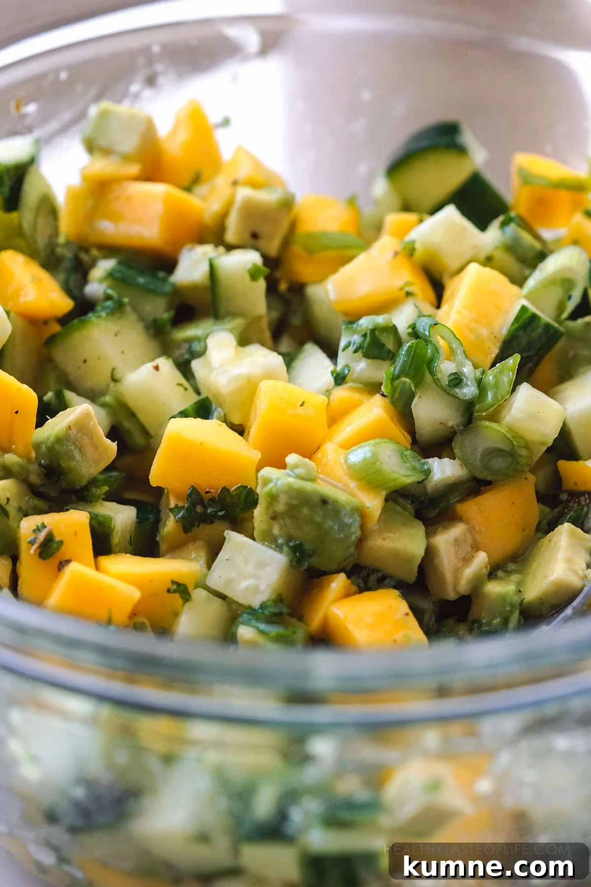 Cucumber, Mango & Avocado Salad with Lime Dressing 6 Assembled cucumber mango salad.