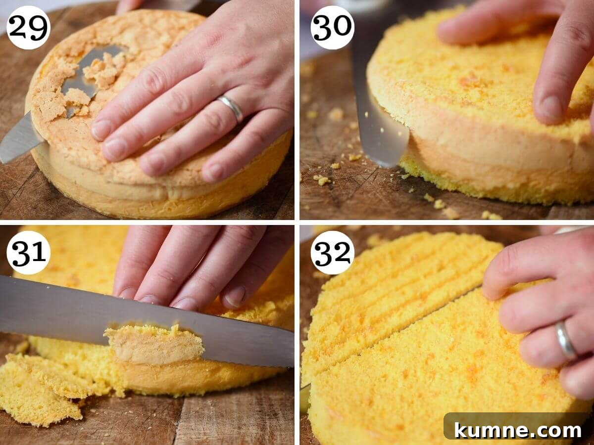 Four photos in a collage showing how to trim and cut the sponages to make a mimosa cake.