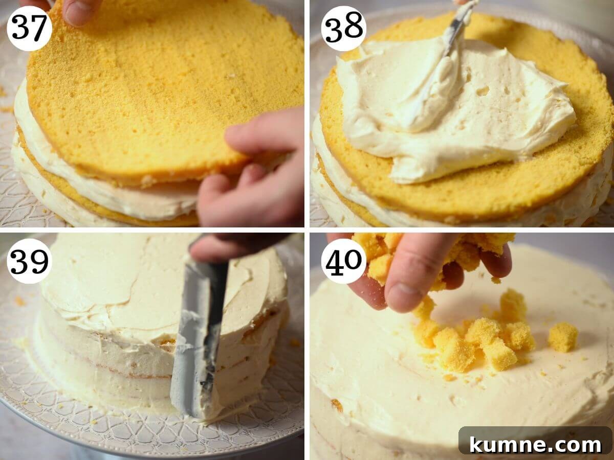 Four photos in a collage showing how to decorate a mimosa cake.