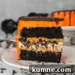 Recipe for black velvet cookies ’n cream cheesecake cake--full of chocolate and Halloween spirit! Perfect Halloween party food!