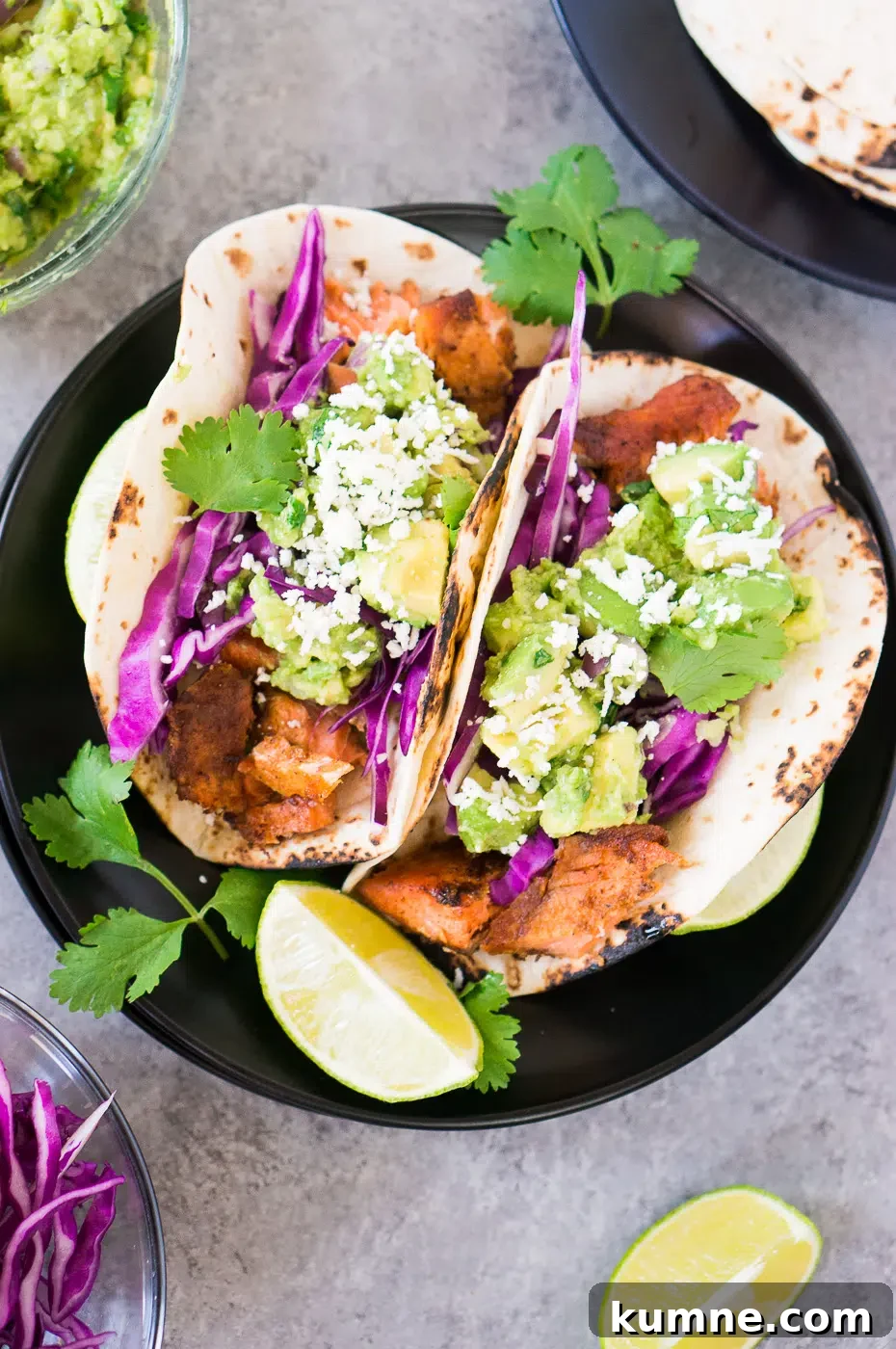 Citrus-Glazed Salmon Tacos with Avocado Slaw 8 tacos with salmon and avocados
