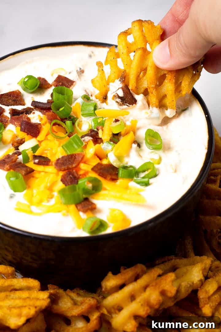 Loaded Baked Potato Dip Recipe for Parties and Game Day 6 Close up shot of a big bowl filled with loaded baked potato dip with two waffle fries being dipped in it