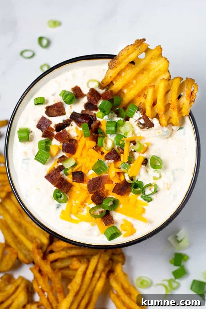 Loaded Baked Potato Dip Recipe for Parties and Game Day 7 Overhead shot of a big bowl filled with loaded baked potato dip with two waffle fries dipped in it