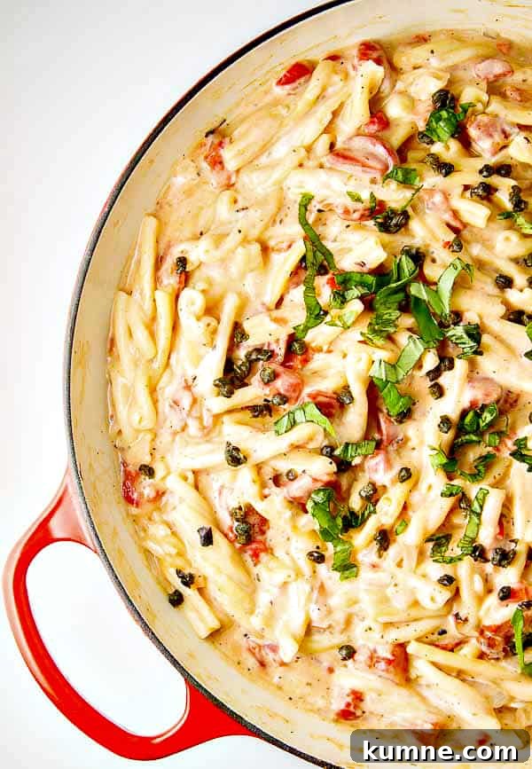 One Pot Pasta with Roasted Red Peppers, and a creamy Goat Cheese sauce! Just toss your ingredients into the pot with your UNCOOKED pasta and go!