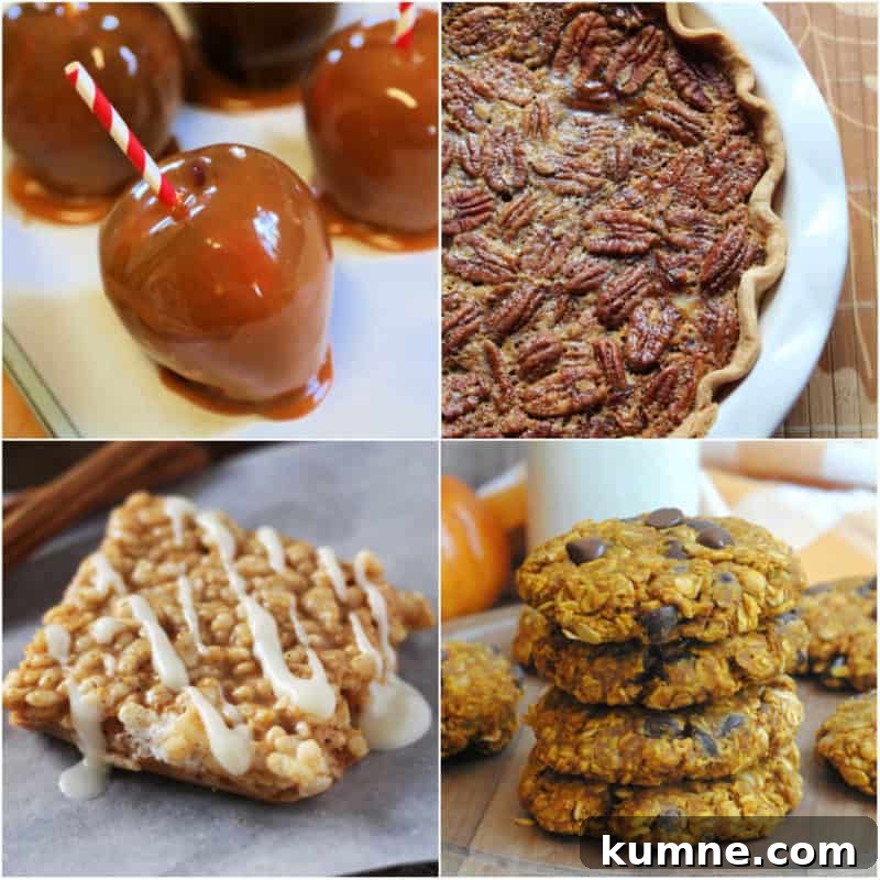 Top Fall Dessert Recipes You Need to Try This Season 2 Collage of Fall Dessert Recipes with caramel apples, pumpkin pecan pie, pumpkin rice crispie treats, and pumpkin oatmeal cocokies