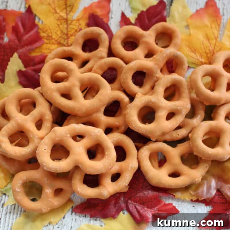 Top Fall Dessert Recipes You Need to Try This Season 20 Pumpkin Spice Pretzels piled on fake leaves