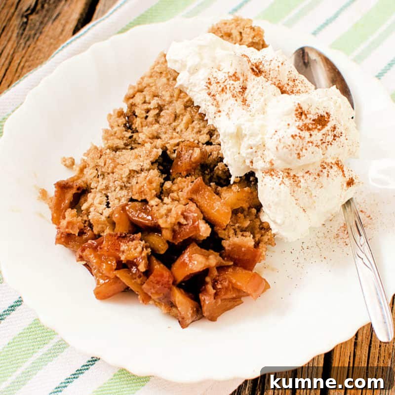 Top Fall Dessert Recipes You Need to Try This Season 29 Caramel apple crisp on a white plate with ice cream