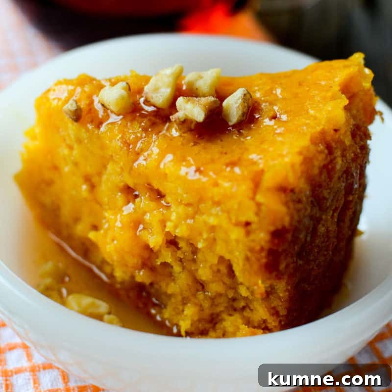 Top Fall Dessert Recipes You Need to Try This Season 30 Slice of Crockpot Pumpkin Dump Cake in a white bowl topped with nuts