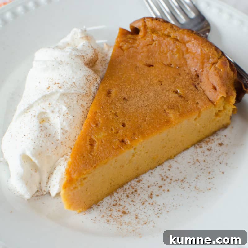 Top Fall Dessert Recipes You Need to Try This Season 32 Pumpkin Pie Pudding Cake on a white plate with a garnish of whipped cream