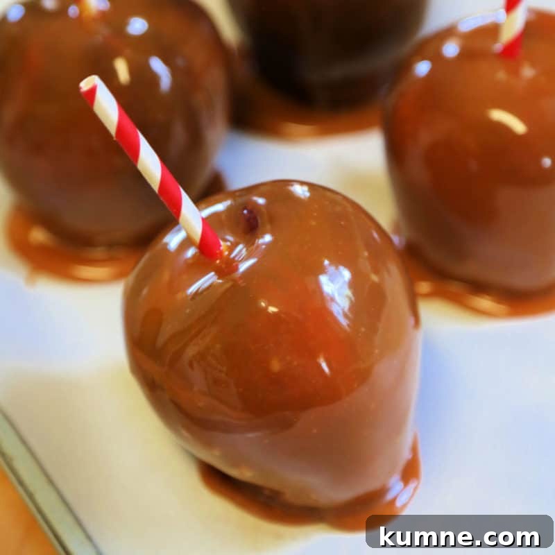 Top Fall Dessert Recipes You Need to Try This Season 33 Crockpot Caramel Apples on parchment paper with red striped paper straws