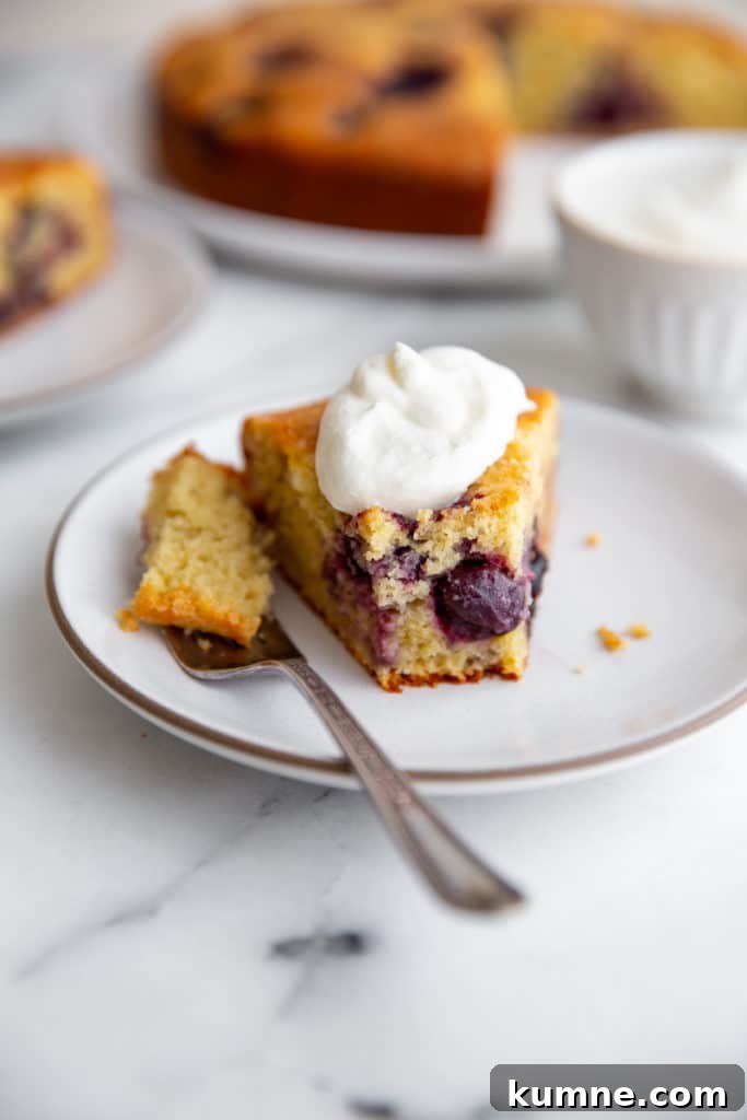 A slice of cherry almond ricotta cake on a plate, topped with whipped cream, with a fork alongside.