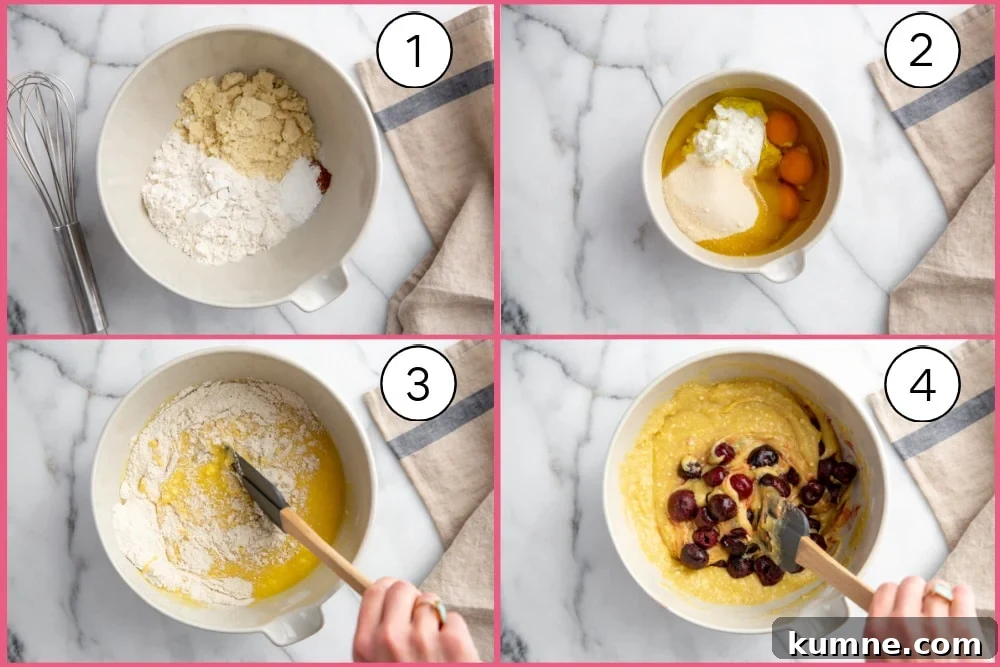 Process shot divided into four quadrants showing how to make the ricotta cake batter.