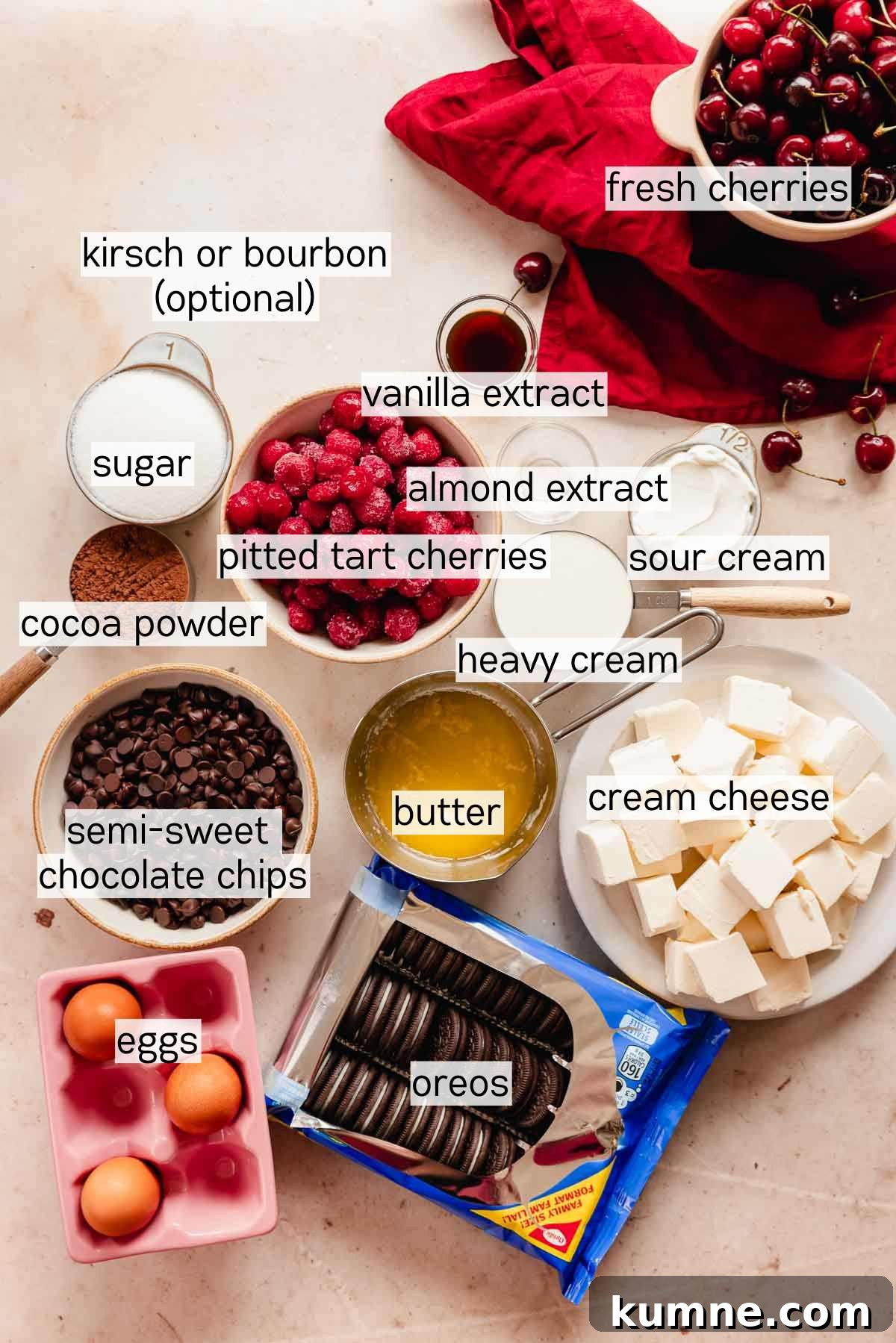 ingredients for black forest cheesecake in bowls