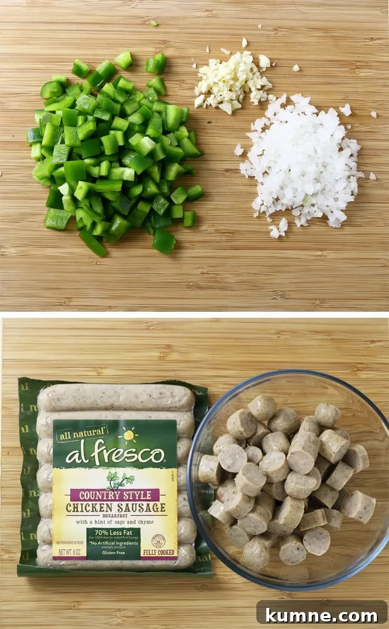 Chopped onions, garlic and breakfast sausage ready for the casserole.
