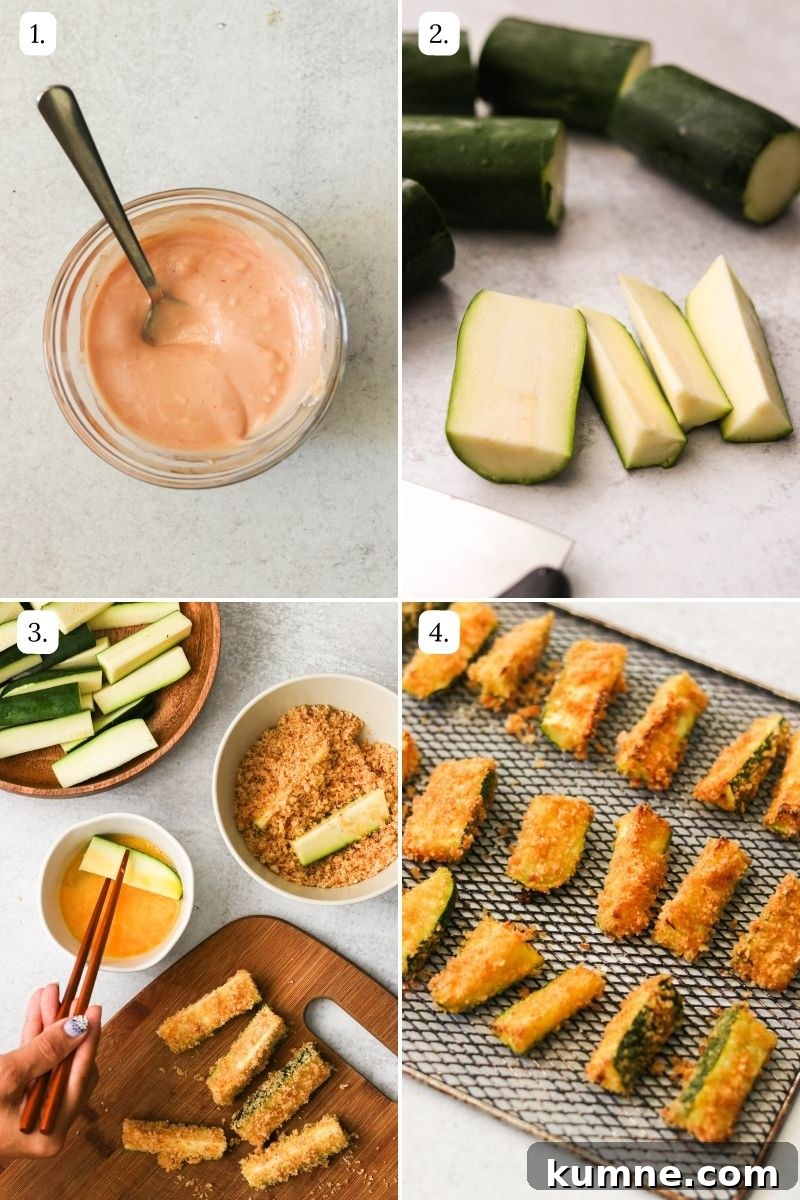 Keto Air Fryer Zucchini Fries Recipe for Low-Carb Snacks 4 numbered step by step photos showing how to make this recipe
