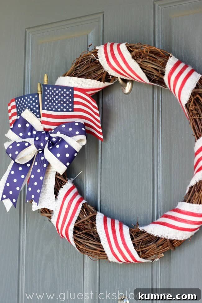 A gorgeous wreath to hang during the summer months! This patriotic wreath tutorial is simple to make, quick, and inexpensive! Old Glory Patriotic Wreath Tutorial