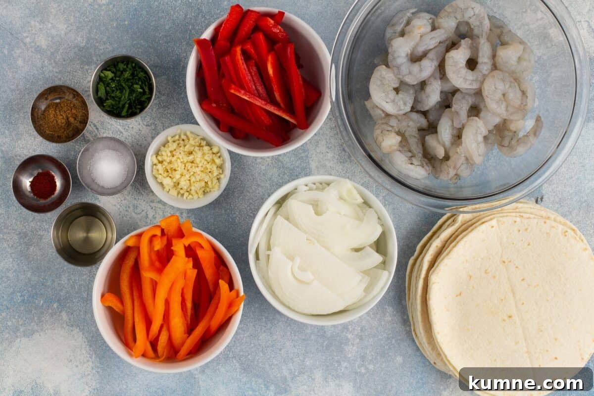 Sizzling Shrimp Fajitas Recipe for Quick Weeknight Dinner 4 Ingredients to make shrimp fajitas.