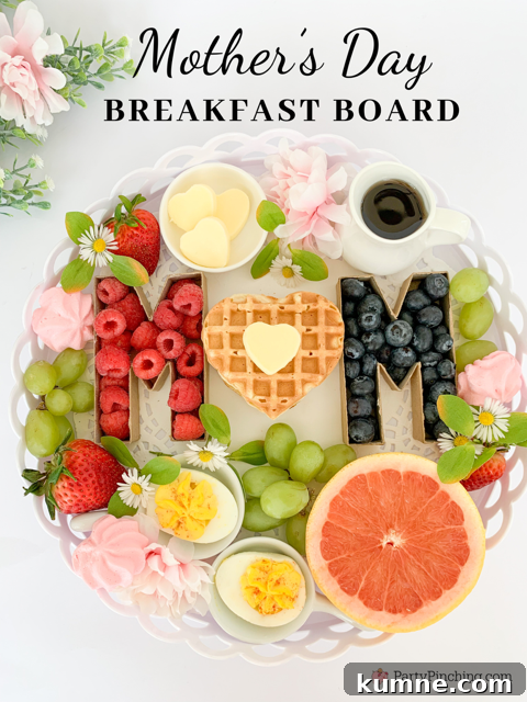 Mother's Day Breakfast Board, Mother's Day Brunch Tray, Mother's Day Charcuterie Board ideas, best easy Mother's Day brunch breakfast ideas, fruit heart waffles heart butter deviled eggs cherry jello meringues, cute pretty easy breakfast in bed ideas for mom on Mother's Day
