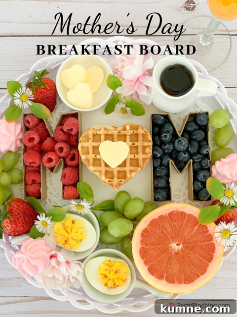 Mother's Day Breakfast Board, Mother's Day Brunch Tray, Mother's Day Charcuterie Board ideas, best easy Mother's Day brunch breakfast ideas, fruit heart waffles heart butter deviled eggs cherry jello meringues, cute pretty easy breakfast in bed ideas for mom on Mother's Day