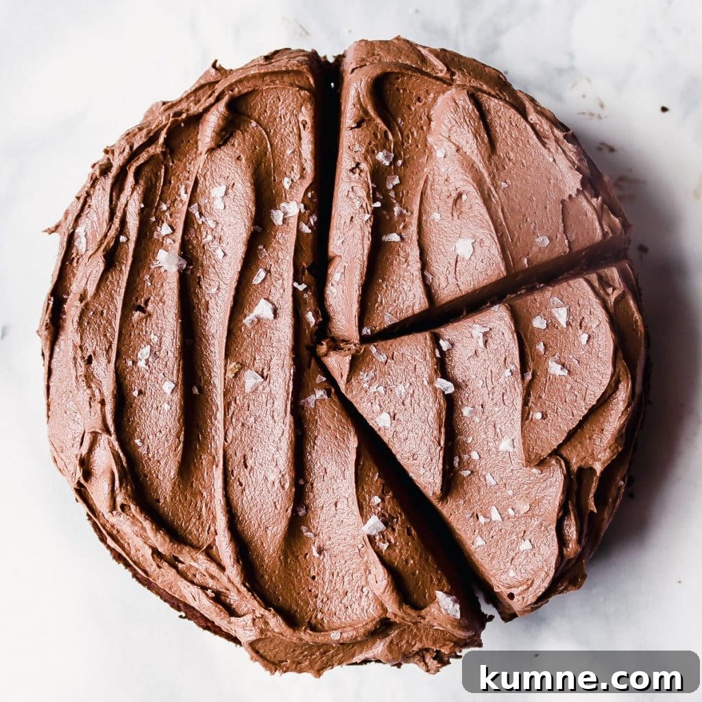 Overhead shot of cut mini chocolate cake