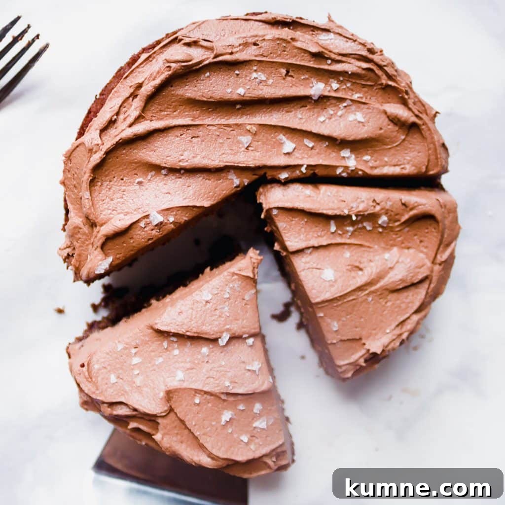 Overhead shot of cut mini chocolate cake