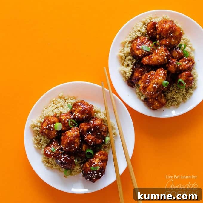 This General Tso’s Cauliflower recipe is a delicious take on takeout! Tasty sauce and panko-crusted cauliflower make for a healthier alternative. General Tsos Cauliflower on a plate