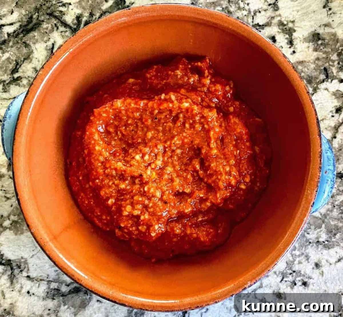 The Romesco sauce recipe in a bowl on the table. 