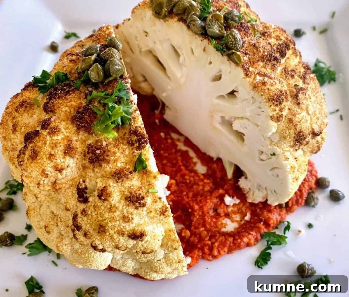 Roasted cauliflower with sauce under it. 