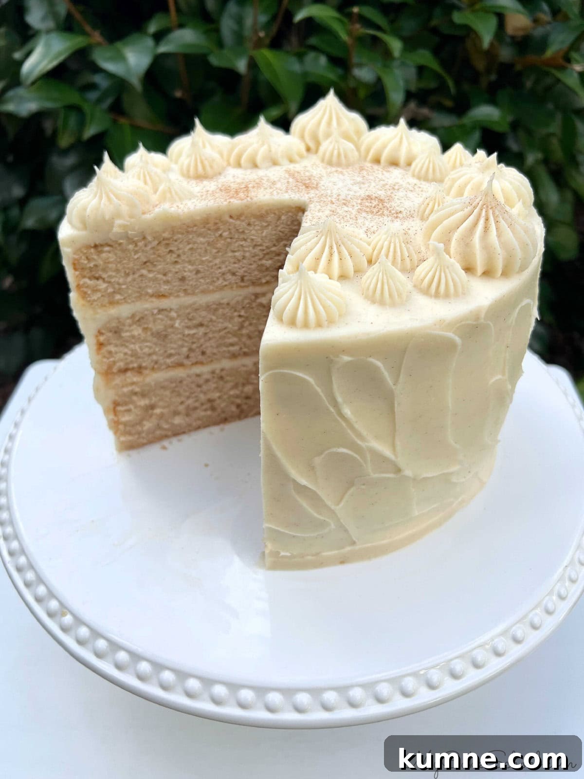 Ultimate Cinnamon Cake Recipe for Moist, Spiced Perfection 2 Cinnamon Cake, sliced, on cake pedestal.