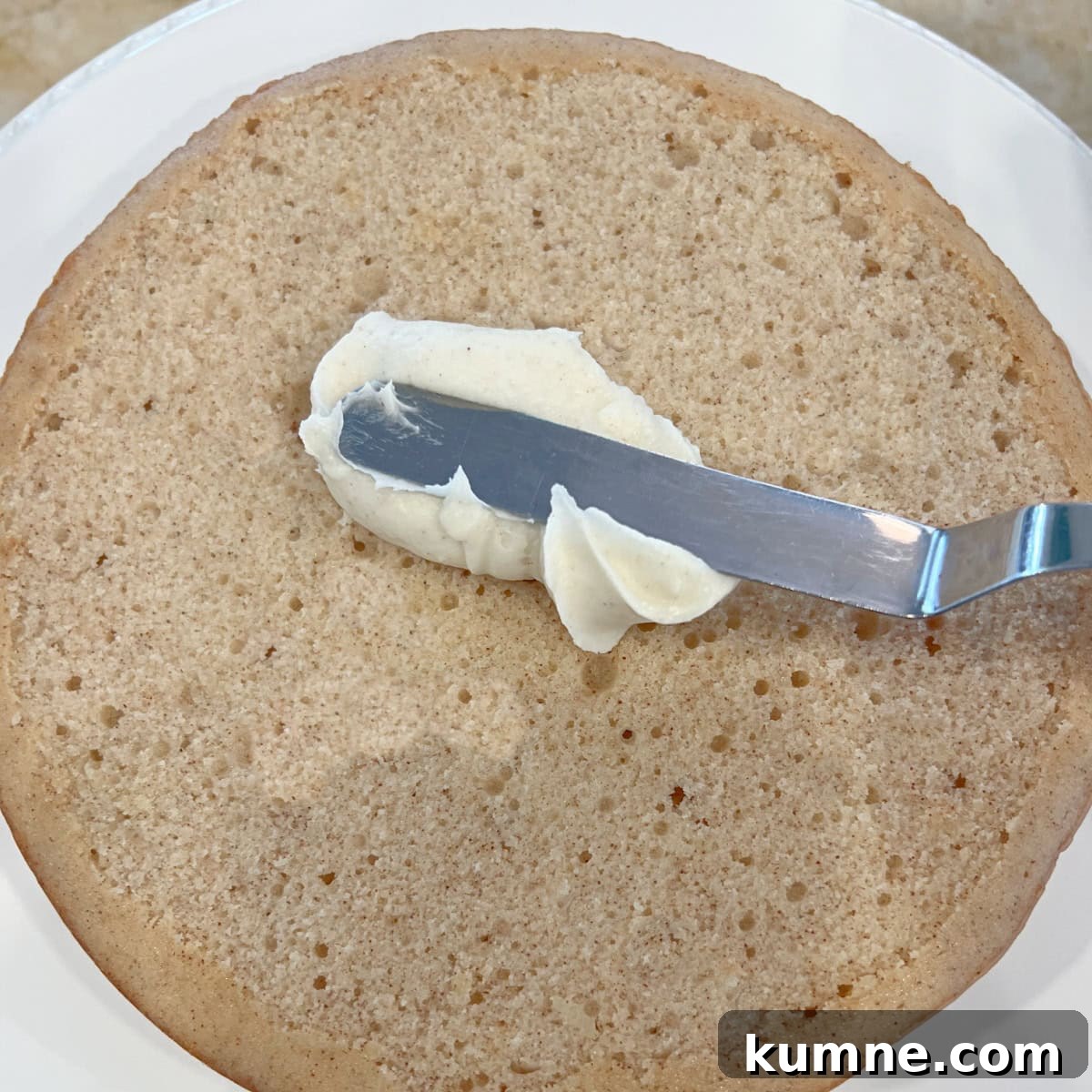 Ultimate Cinnamon Cake Recipe for Moist, Spiced Perfection 3 Applying frosting to cake layer.