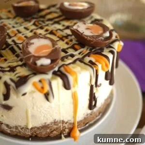 No-Bake Creme Egg Cheesecake Recipe for Spring Treat 8 Cadbury's Creme Egg Cheesecake with dripping chocolate on a white plate with a purple background.