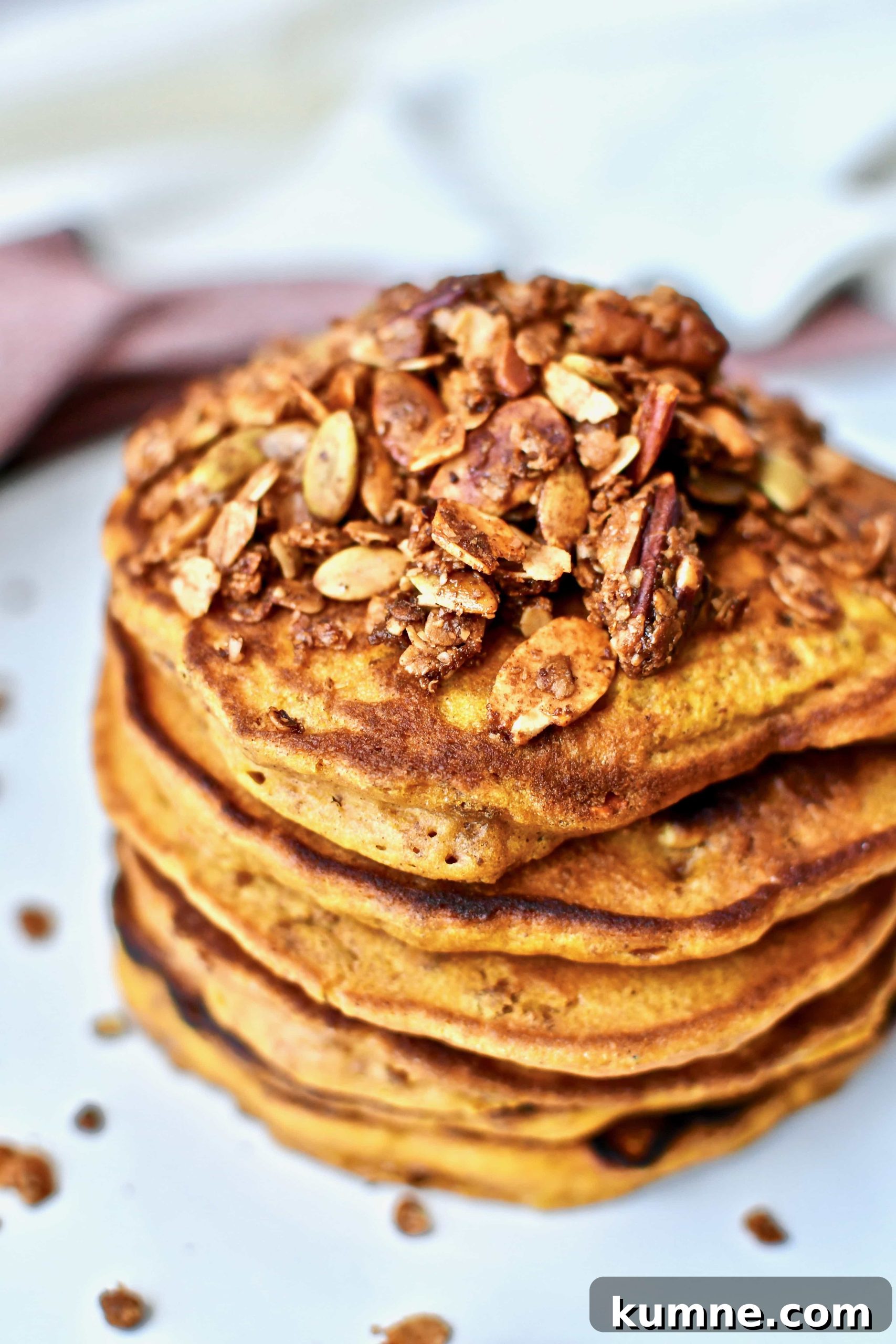 Fluffy Pumpkin Spice Pancakes with Maple Syrup 3 Pumpkin Crunch Pancakes