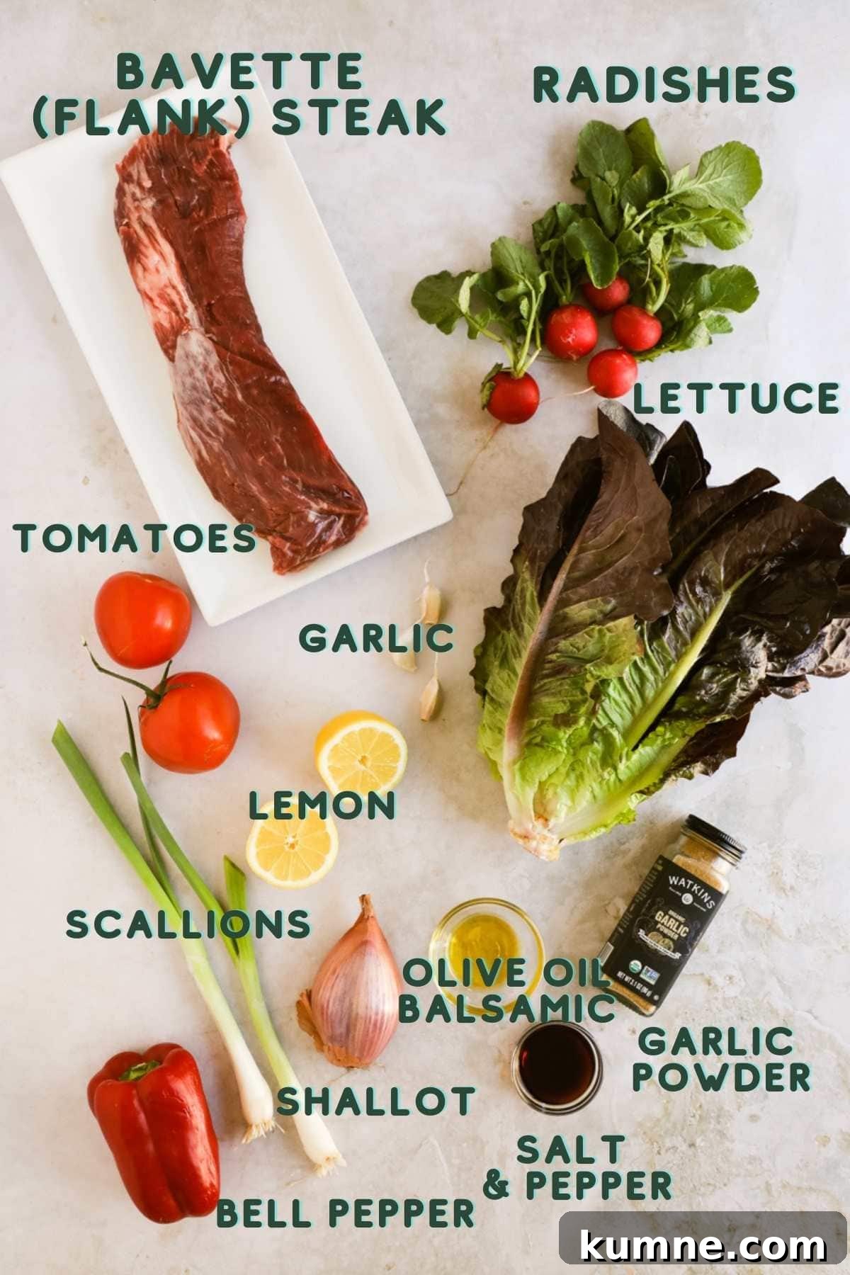 Ingredients for flank steak salad with balsamic dressing.