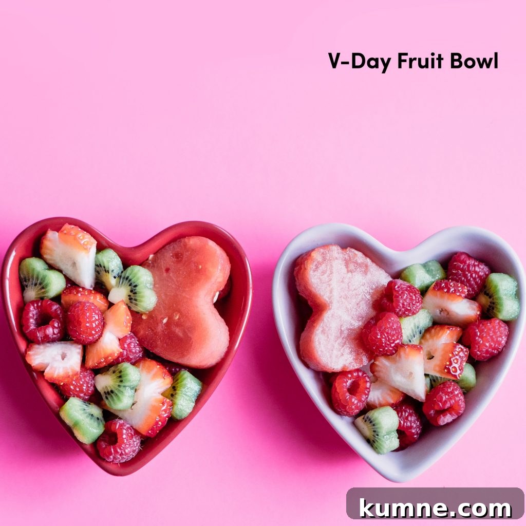 Valentine fruit bowl with strawberries and kiwi
