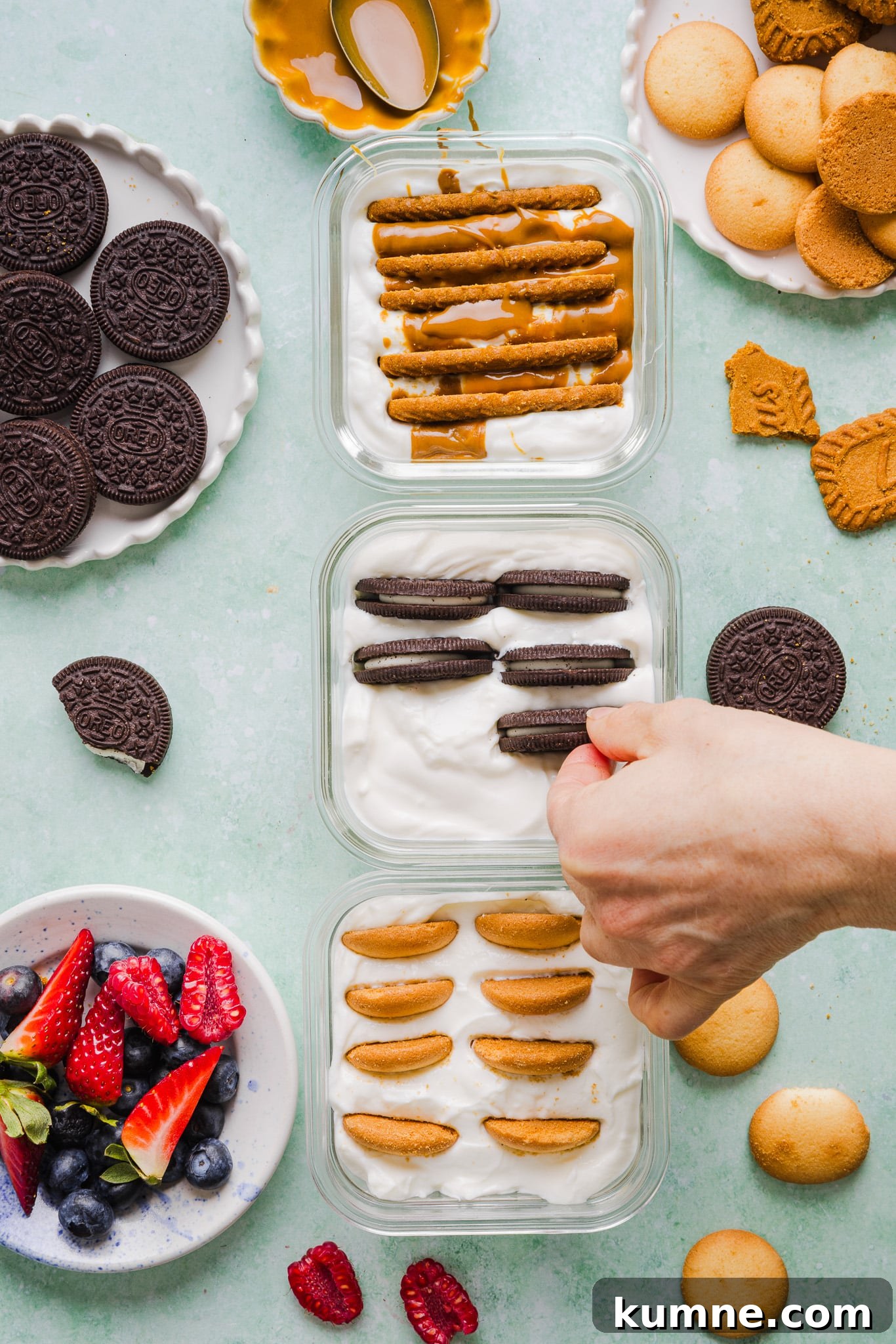 2 ingredient yogurt cheesecakes being set up in containers.