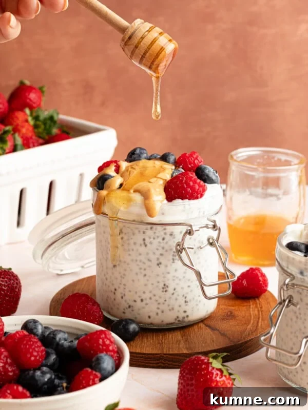 Protein chia pudding topped with nut butter and berries.