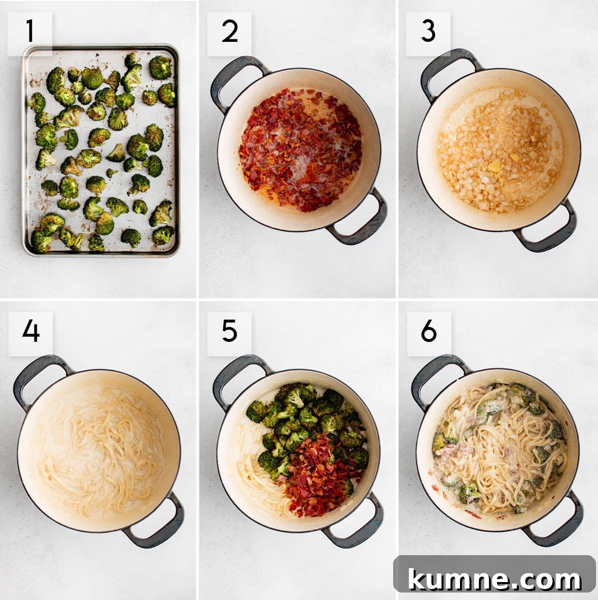 Creamy Bacon and Roasted Broccoli Pasta Recipe 3 six panel collage image showing the process of making creamy bacon roasted broccoli pasta
