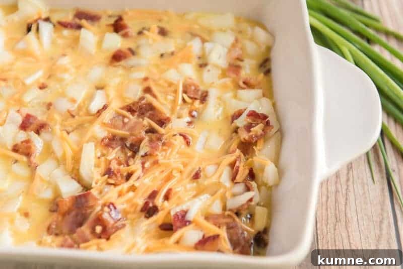 Crispy Bacon and Hash Brown Breakfast Casserole 5 breakfast casserole before baking