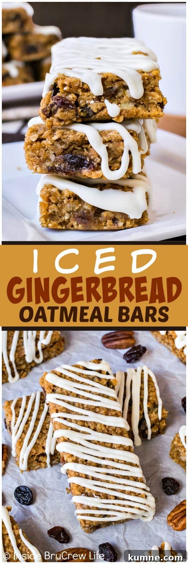 Two pictures of iced gingerbread oatmeal bars collaged together with a yellow text box