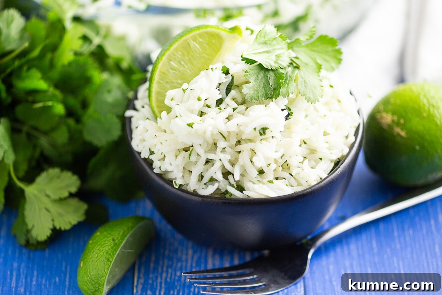 Chipotle-Style Cilantro Lime Rice Recipe for Flavorful Sides 3 White chipotle lime rice garnished with a fresh lime wedge and sprig of cilantro in a black bowl on a blue wood background