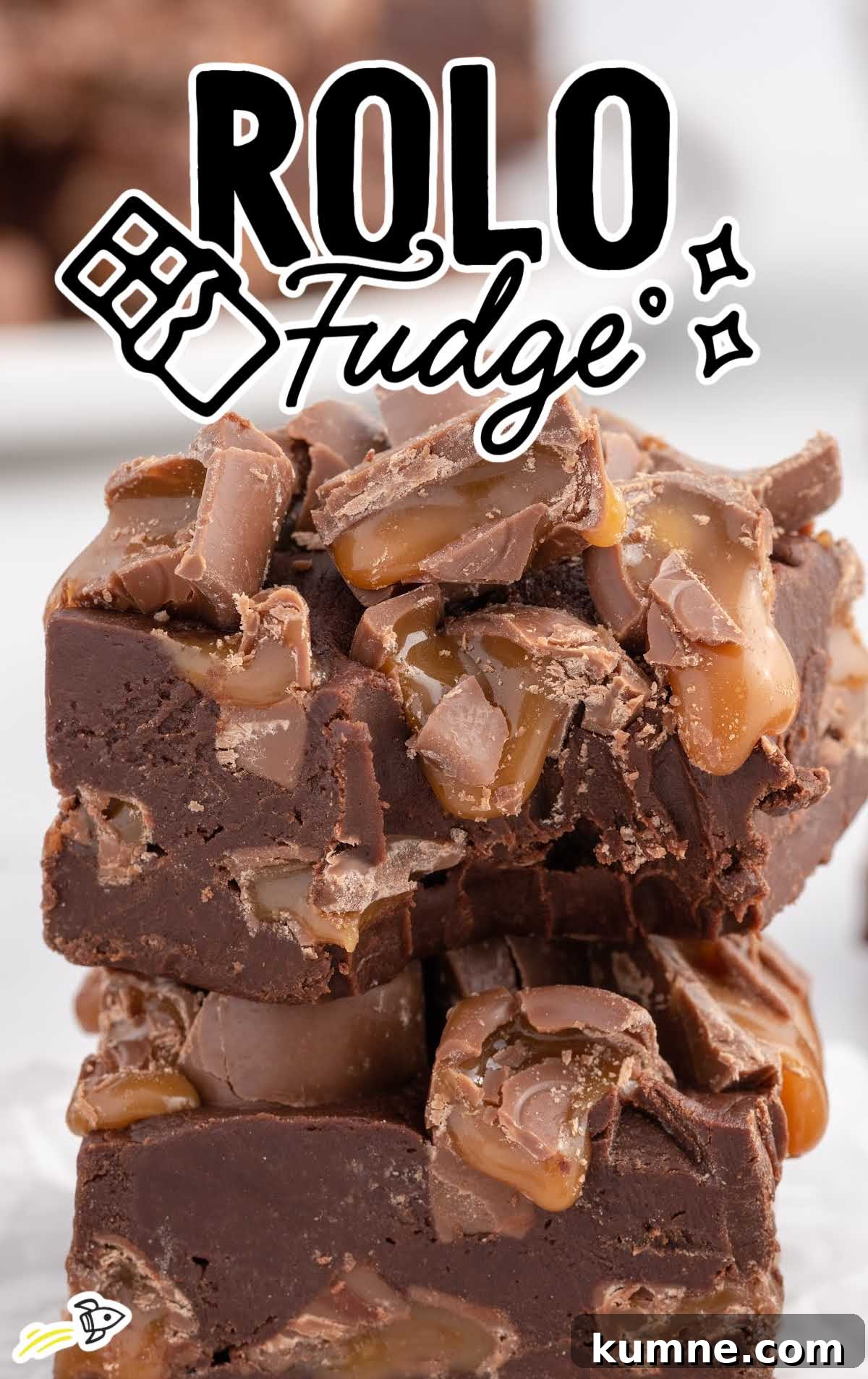 a close up shot of pieces of Rolo Fudge stacked on top of each other