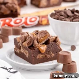 a close up shot of a piece of Rolo Fudge on a plate