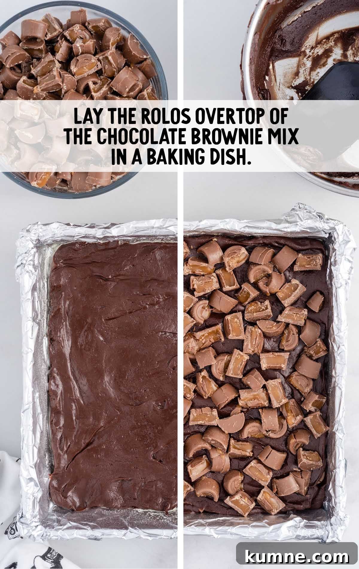 Rolos laid over the top of the chocolate brownie mix in a baking dish