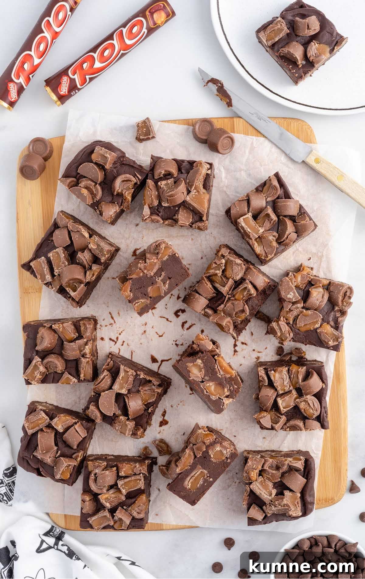 overhead shot of pieces of Rolo Fudge on a cutting board