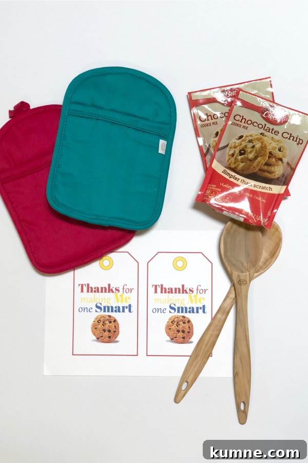 Smart Cookie Gift Ideas for Teacher Appreciation Day 3 One Smart Cookie Teacher Appreciation Gift and Printable - a pot holder, wooden spoon and cookie mix finished with a printable tag.