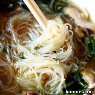 Authentic Asian Chicken Noodle Soup Recipe for Comforting Flavor 14 White bowl of Asian Chicken Noodle Soup with Mei Fun Noodles twirled on chopsticks, sitting on a brown table mat.