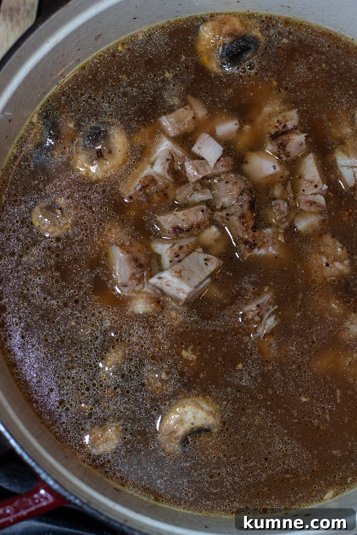 Authentic Asian Chicken Noodle Soup Recipe for Comforting Flavor 9 Stock pot filled with chicken noodle soup and mushrooms.