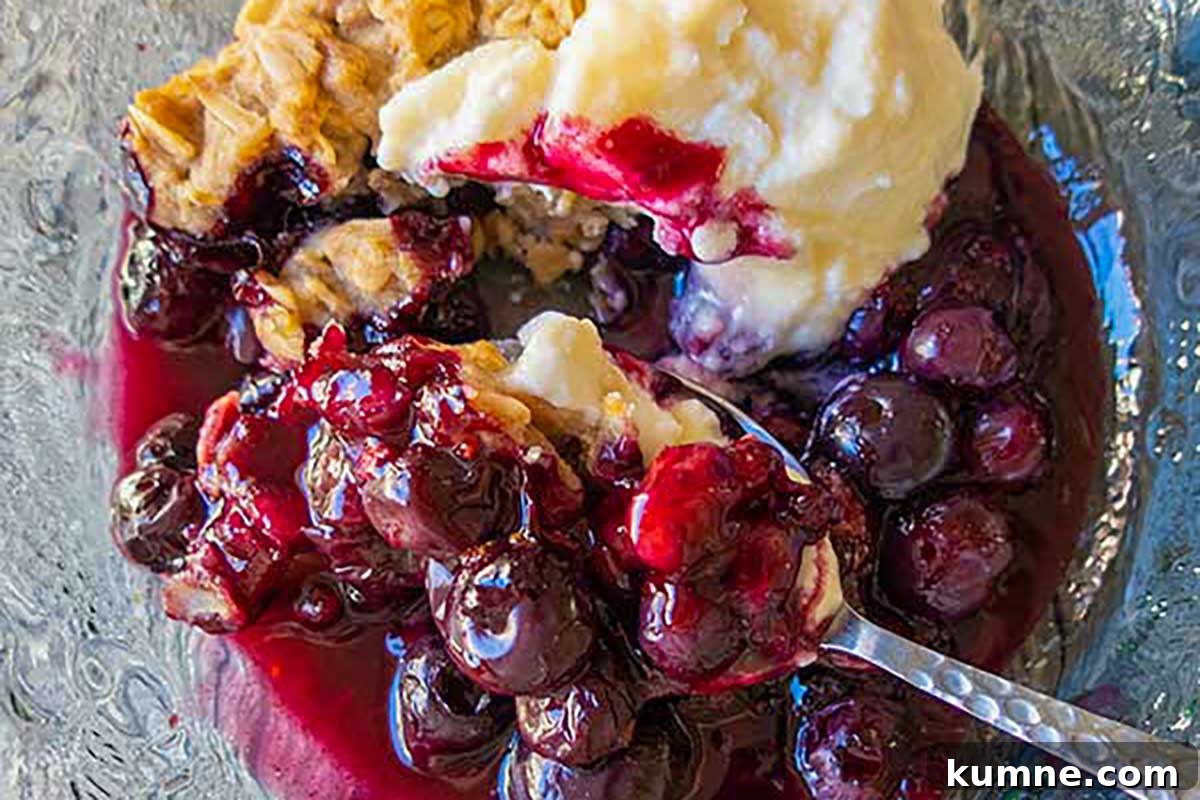 20+ Gluten-Free Blueberry Recipes for Delightful Desserts and Snacks 14 Warm blueberry crumble served in a glass bowl, overflowing with juicy blueberry sauce and topped with a creamy scoop of vanilla ice cream slowly melting into the fruit—comfort dessert at its finest.